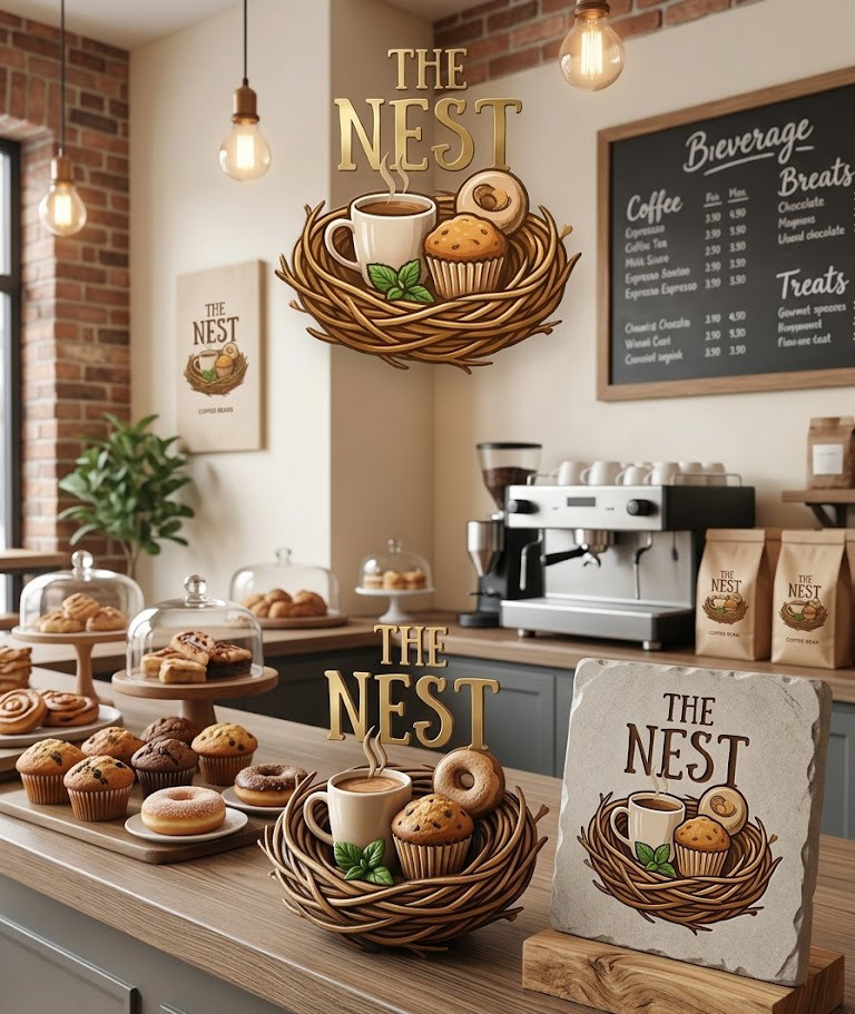 Cosy wooden serving counter displaying baked items under warm lit glow at The Nest
